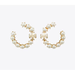 NEW Tory Burch Kira Pearl Loop Earrings Gold Logo 18K Gold Plated Classic Work